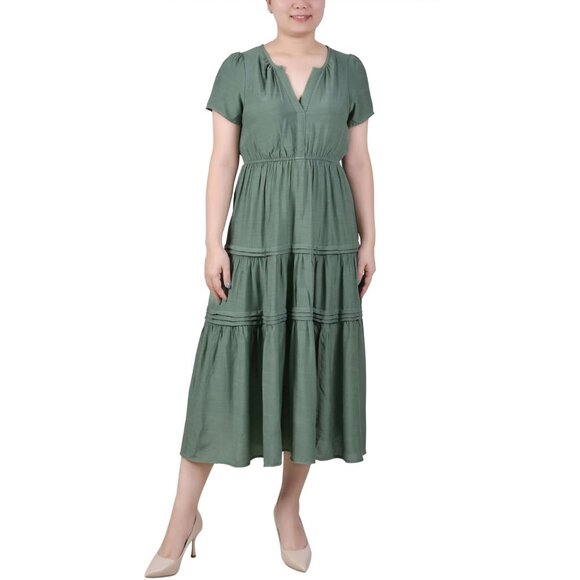 NY Collection Women Petites Tiered Split Neck Midi Dress Green Size PM MSRP $54 - Picture 1 of 2
